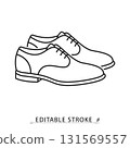A pair of men's dress shoes icon in a minimalist line style with editable stroke. Classic gentleman footwear, formal business fashion, elegant groom accessory, man wedding clothing. 131569557