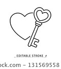 A heart and key icon in a minimalist line style with editable stroke. Love symbol, romance secret, valentine day gift, wedding commitment sign, relationship solution, open heart. 131569558
