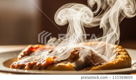Steaming delicious pie freshly baked on a plate in warm sunlight 131569605