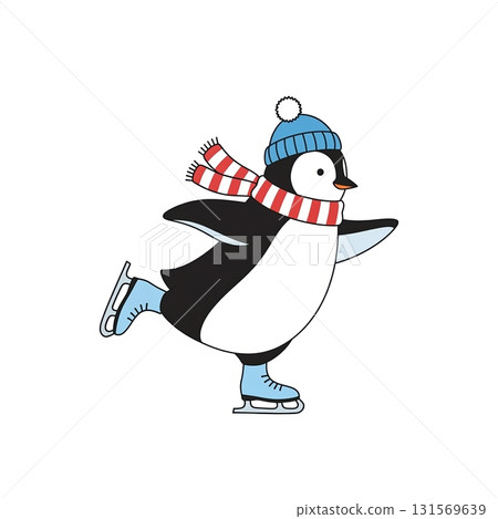 Cute penguin ice skating with blue hat and striped scarf on white background 131569639