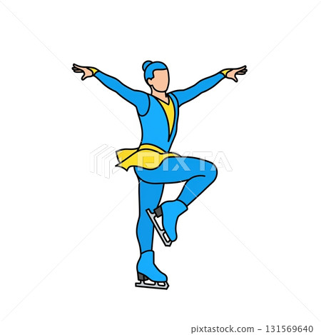 Dynamic ice skater strikes elegant pose in vibrant blue and yellow costume Dynamic ice skater strikes elegant pose in vibrant blue and yellow costume 131569640
