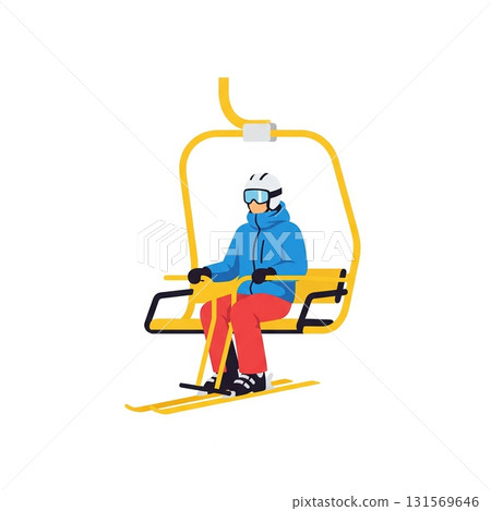 Winter adventure: solo skier on vibrant yellow ski lift embracing the slopes Winter adventure: solo skier on vibrant yellow ski lift embracing the slopes 131569646
