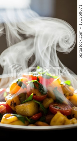 Steaming fresh vegetable medley with tomatoes and herbs in sunlight 131569671