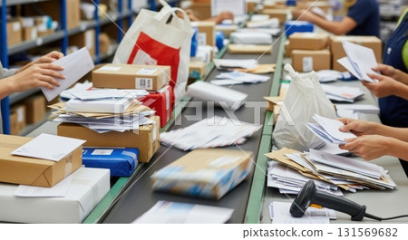 Busy postal sorting facility with workers organizing mail and packages on conveyors Busy postal sorting facility with workers organizing mail and packages on conveyors 131569682