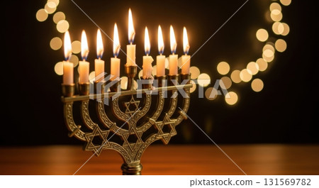 Lit menorah with glowing candles and bokeh lights celebrating hanukkah traditions 131569782