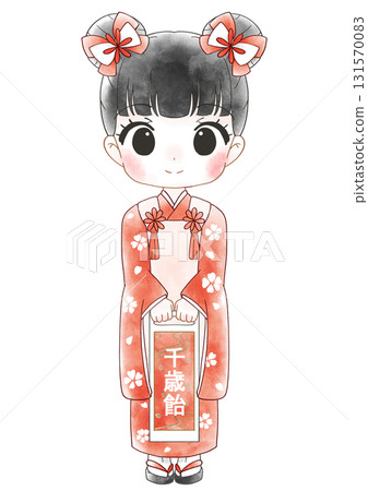 慶祝七五三節的可愛女孩的水彩畫 131570083