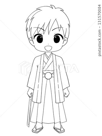 Black and white illustration of a cute boy celebrating Shichi-Go-San 131570084
