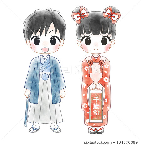 Watercolor illustration of a cute boy and girl celebrating Shichi-Go-San 131570089