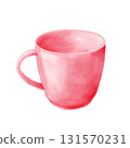 Toy plastic tea cup for children. Watercolor illustration of an empty pink mug isolated on a white background. Perfect for children's cards, educational games, stickers, web pages, and decor. 131570231