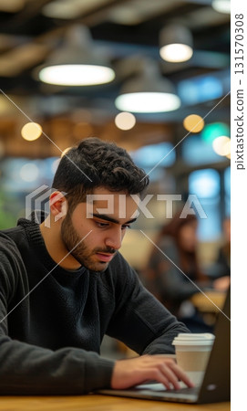 Focused young man working on laptop in a modern cafe 131570308