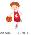A boy wearing a red uniform playing basketball 131570316
