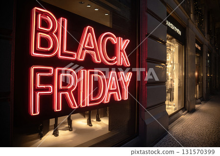 Glass window of a shoe boutique with a neon red sign Black Friday at night. 131570399