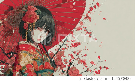 身著日本服飾、手持紅傘、手持梅花的女孩肖像 131570423