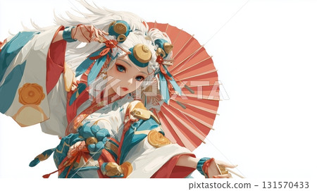 Portrait of a white-haired dancing girl holding a Japanese umbrella 131570433