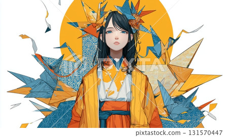 身著和服的女孩的摺紙主題肖像 131570447