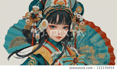 一幅戴著髮夾和扇子的華麗日中少女插畫 131570454