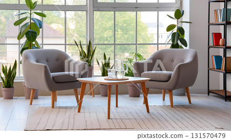 chairs in the psychologist's office, armchairs in cozy interior with indoors green plants 131570479