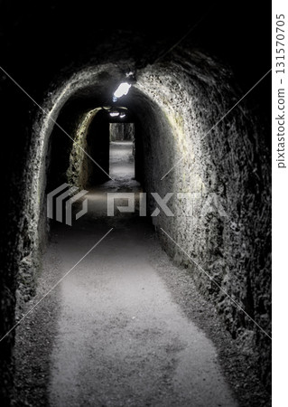 Illuminated Narrow Tunnel With Spooky Shadows And Door At The End 131570705