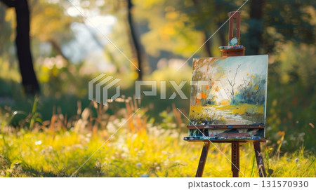 Impressionist landscape painting on easel in nature 131570930