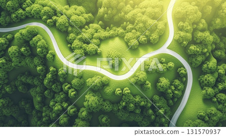 Aerial view of a winding road through lush green forest 131570937