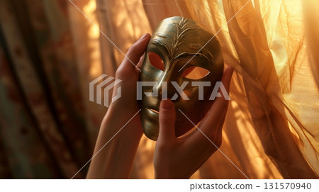 Hands holding an ornate golden mask in warm light 131570940