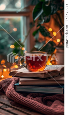 Cup of tea on stacked books with warm lights in background 131570943