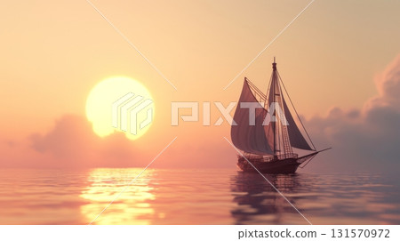 Sailboat on calm ocean at sunset with warm golden light 131570972