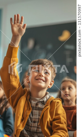 Smiling schoolboy raising hand in classroom 131570997