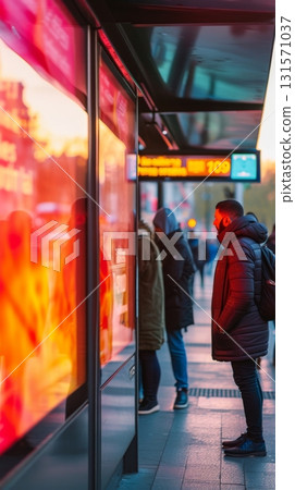 People waiting at a modern bus stop with glowing digital ads People waiting at a modern bus stop with glowing digital ads 131571037