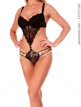 Sexy woman's body in black underwear lingerie, isolated on white background 131571182