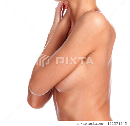 Closeup shot of beautiful female body. Slim woman posing. Isolated on white background Closeup shot of beautiful female body. Slim woman posing. Isolated on white background 131571245