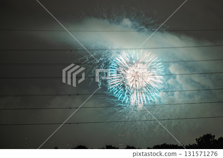 Tokyo cityscape in Japan, Tamagawa Fireworks Festival 2025. The venue side of the 47th Setagaya Ward Tamagawa Fireworks Festival, with the Tokyo Metropolitan Government Building in Shinjuku in the background. 131571276
