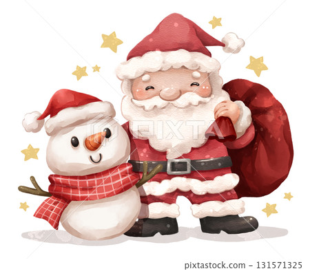 Watercolor cartoon illustration of santa claus and snowman . Hand drawn digital painting . Merry christmas day . Isolate white background . Watercolor cartoon illustration of santa claus and snowman . Hand drawn digital painting . Merry christmas day . Isolate white background . 131571325