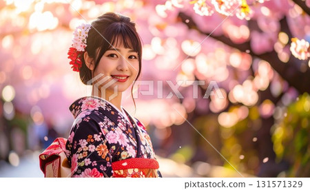 A young woman in a kimono with illuminated cherry blossoms in the background 131571329
