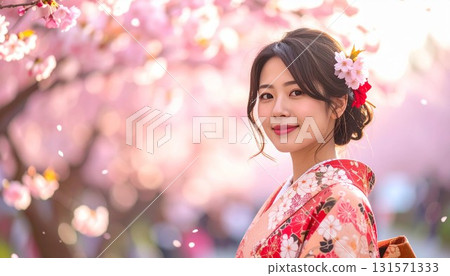 身著和服的年輕女子，背景是點亮的櫻花 131571333