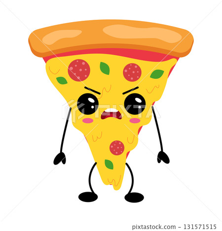 Kawaii pizza slice character with cute facial expression and colorful toppings, playful design 131571515