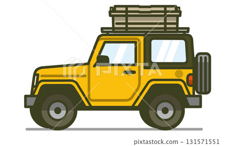 Illustration of a four-wheel drive vehicle (4WD) with a roof carrier and luggage loaded Illustration of a four-wheel drive vehicle (4WD) with a roof carrier and luggage loaded 131571551