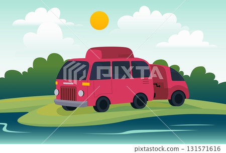 Caravan camp. Adventure in camper van. Camping tour. Home car at river shore. Travel vehicle. Mobile trailer in nature. Summer vacation. Tourist auto bus. Vector wild landscape background 131571616