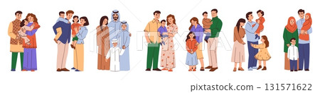 Child and parents. Happy family standing together. Mother and father hugging kid. Different nationalities. Indian or Caucasian persons. Arab people. Vector isolated relatives groups set Child and parents. Happy family standing together. Mother and father hugging kid. Different nationalities. Indian or Caucasian persons. Arab people. Vector isolated relatives groups set 131571622