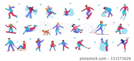 Winter people. Outdoor games and holiday activities. Skiing, snowboarding and making snowman. Sledding and playing snowballs. Walking Christmas season. Vector cartoon isolated illustration 131571626