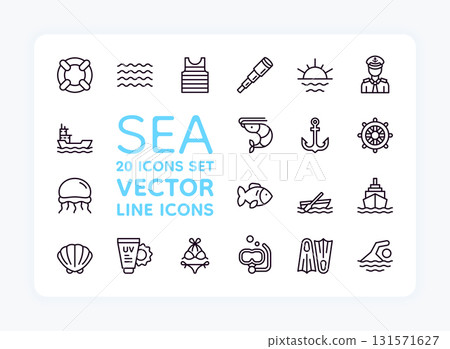 Sailor icons. Sail boat. Summer travel. Line symbols. Ocean ship captain. Lighthouse or speed pirate yacht. Fisherman catching scrimp shrimp. Sea cruise. Beach bikini. Vector logo set 131571627