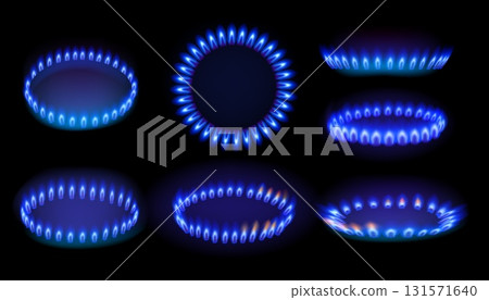 Gas fire. Stove flame burning. Blue kitchen burner. Side or top view of cooker hob. Natural propane heat. Domestic fuel for cooking. Circle glow light. Vector oven ignition mockups set 131571640