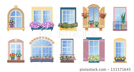 European balcony. Window, door frame with flowers in old street building, vintage French classic glass, classic exterior architectural elements. Vector design, cartoon isolated illustration 131571645