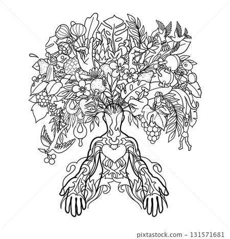 Meditating figure and creative medieval tree 131571681