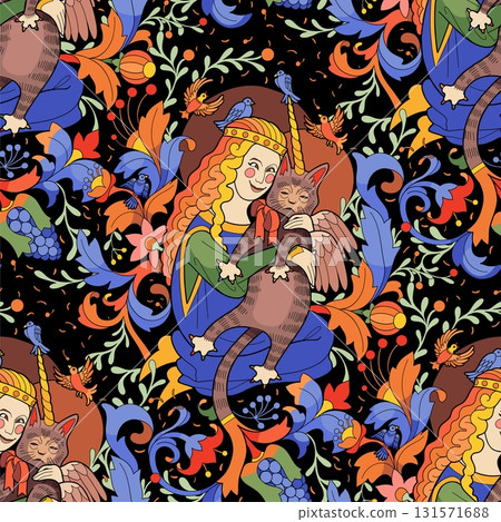 Curly-haired girl hugs her winged cat 131571688