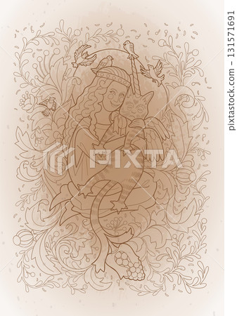 Curly-haired girl hugs her winged cat Curly-haired girl hugs her winged cat 131571691