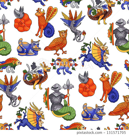 Graphic seamless pattern of bestiary creatures 131571705