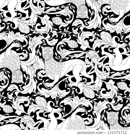 Graphic seamless pattern of a medieval lion Graphic seamless pattern of a medieval lion 131571712
