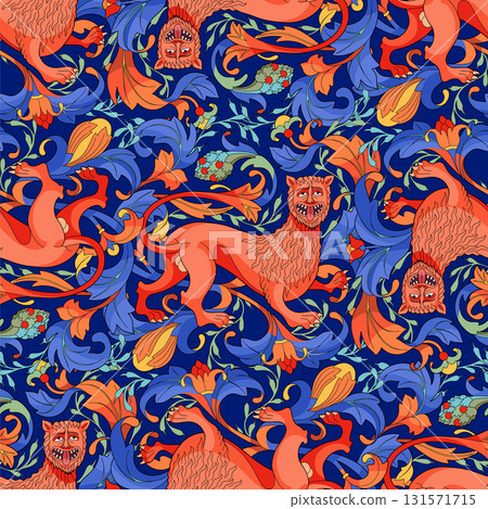 Graphic seamless pattern of a medieval lion 131571715