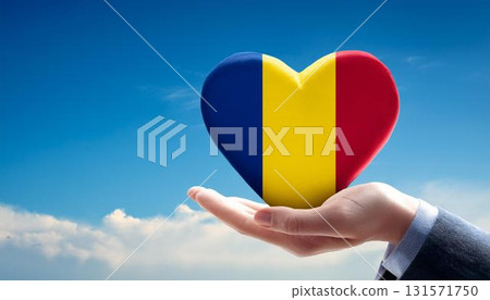 Romanian flag heart shape and blue sky held by hand 131571750